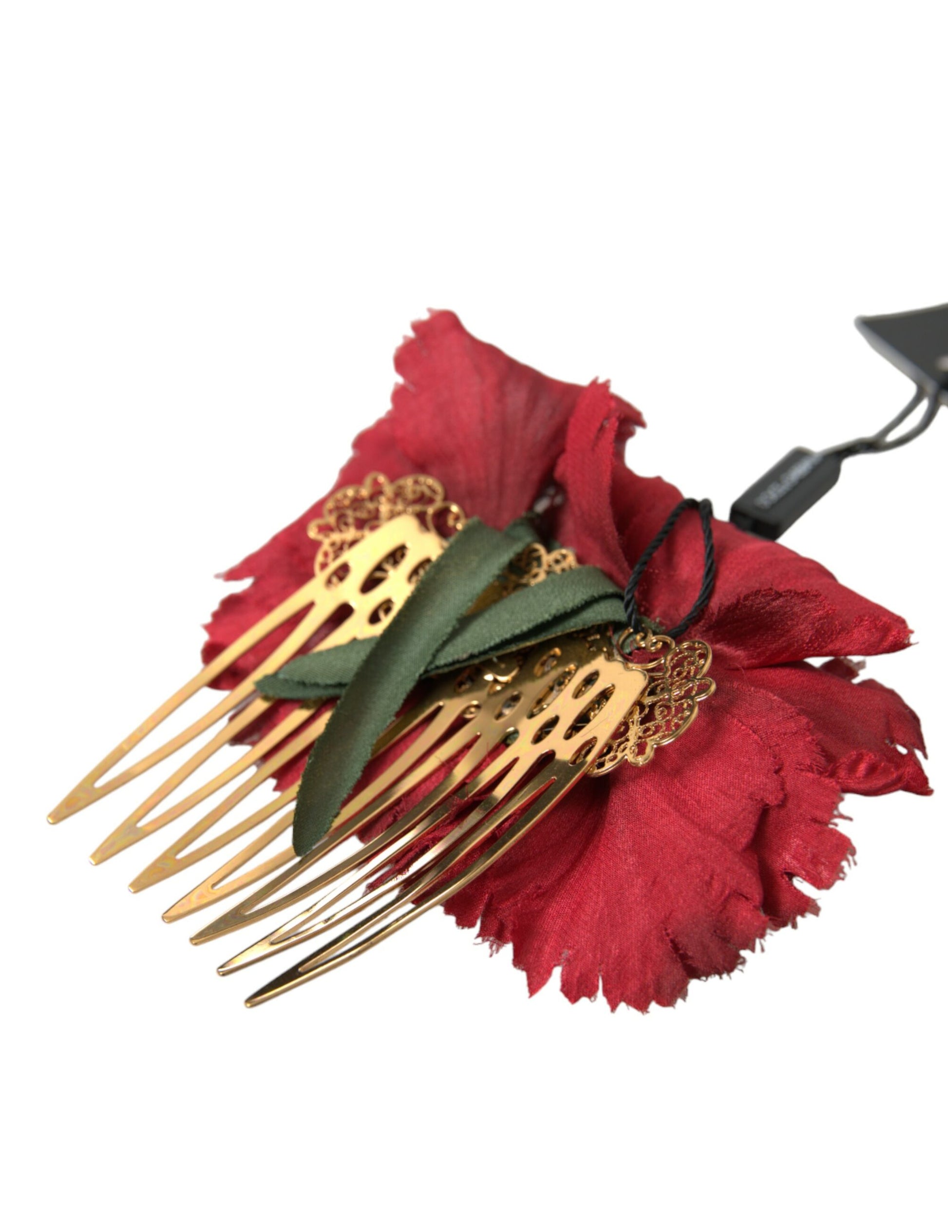 Dolce & Gabbana Red Silk Floral Gold Brass Women Hair Comb - KALAJ