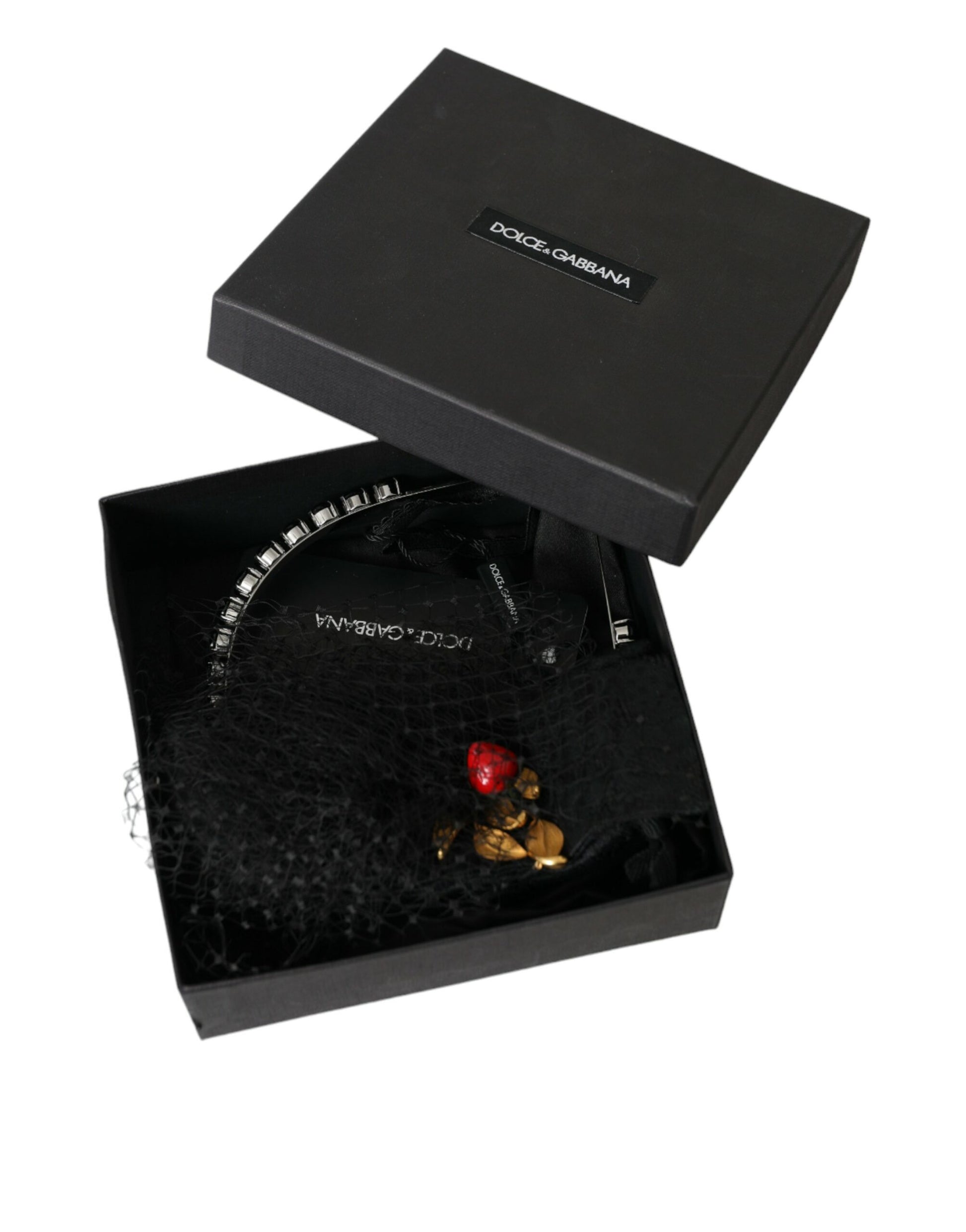 Dolce & Gabbana Black Strawberry Sicily Crystal Mesh Net Headband Diadem - KALAJ