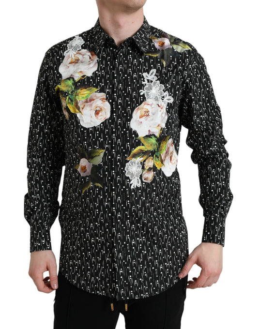 Dolce & Gabbana Black Floral Men Formal Dress GOLD Shirt