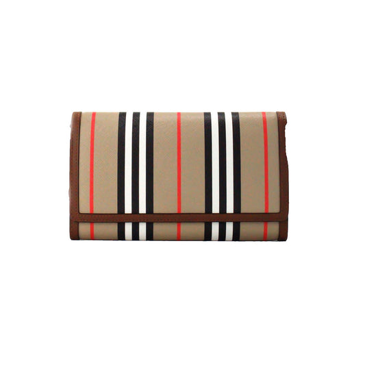 Burberry Hannah Icon Stripe Archive Tan E-Canvas Leather Wallet Crossbody Bag - KALAJ