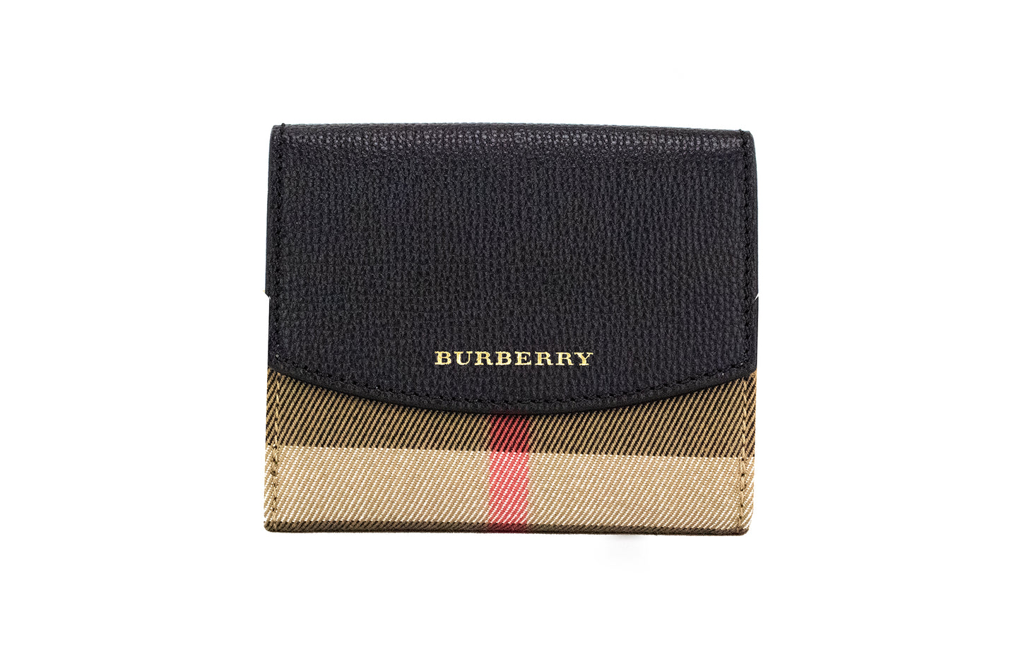 Burberry Luna Black Grained Leather House Check Canvas Coin Pouch Snap Wallet - KALAJ