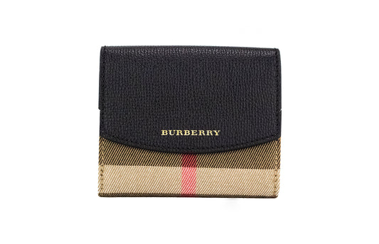 Burberry Luna Black Grained Leather House Check Canvas Coin Pouch Snap Wallet - KALAJ