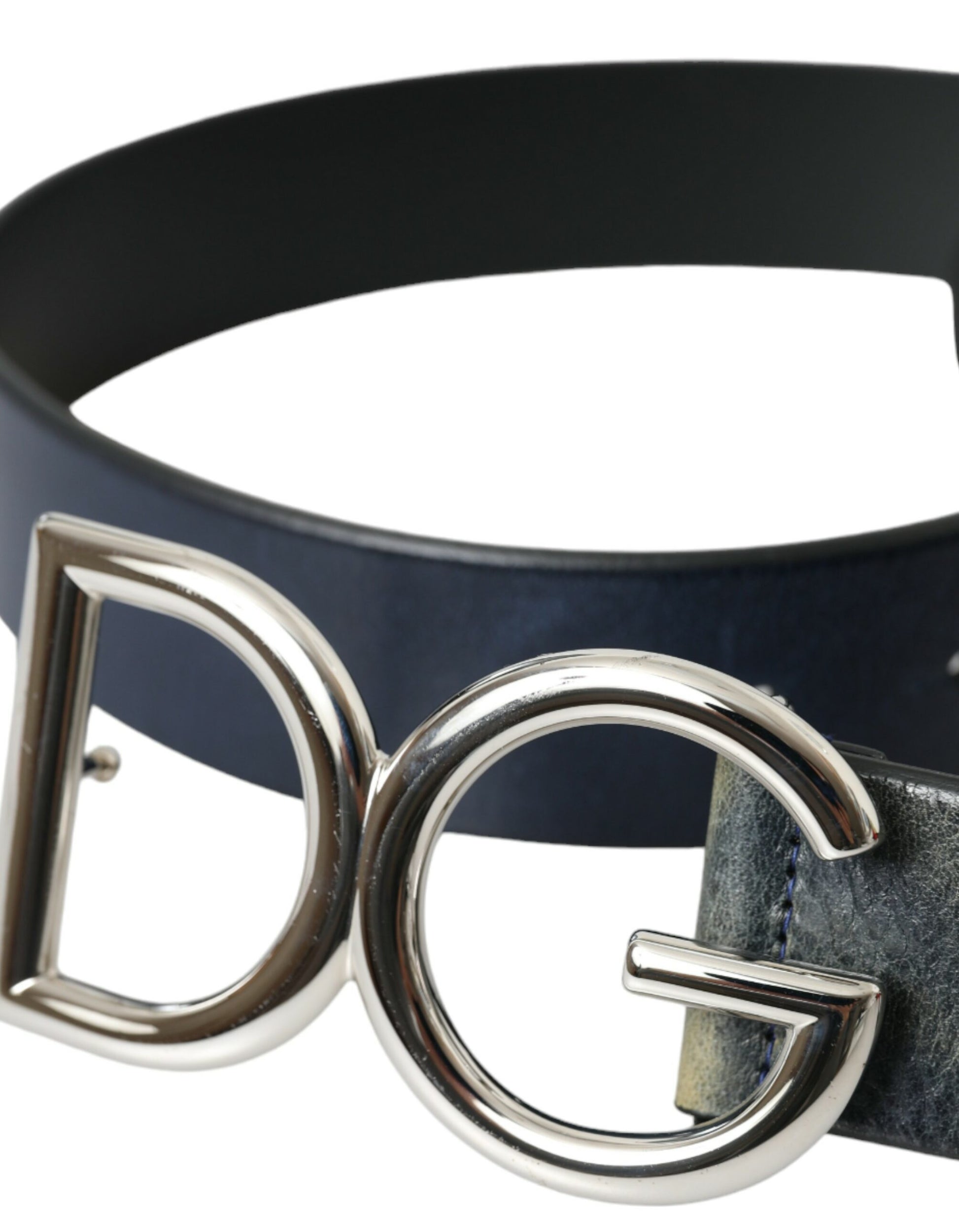 Dolce & Gabbana Blue Leather Silver Metal Logo Buckle Belt Men - KALAJ