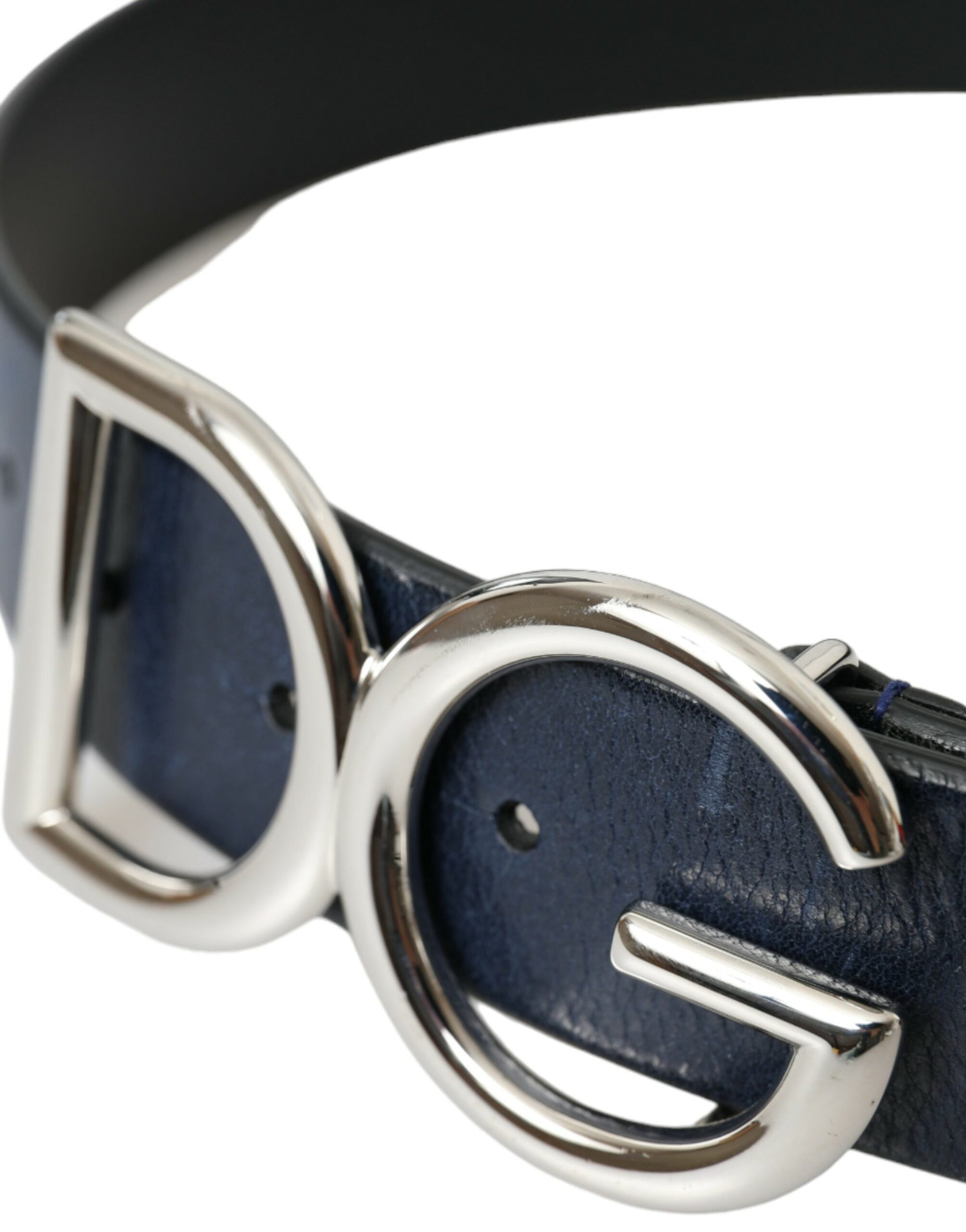 Dolce & Gabbana Blue Leather Silver Metal Logo Buckle Belt Men - KALAJ