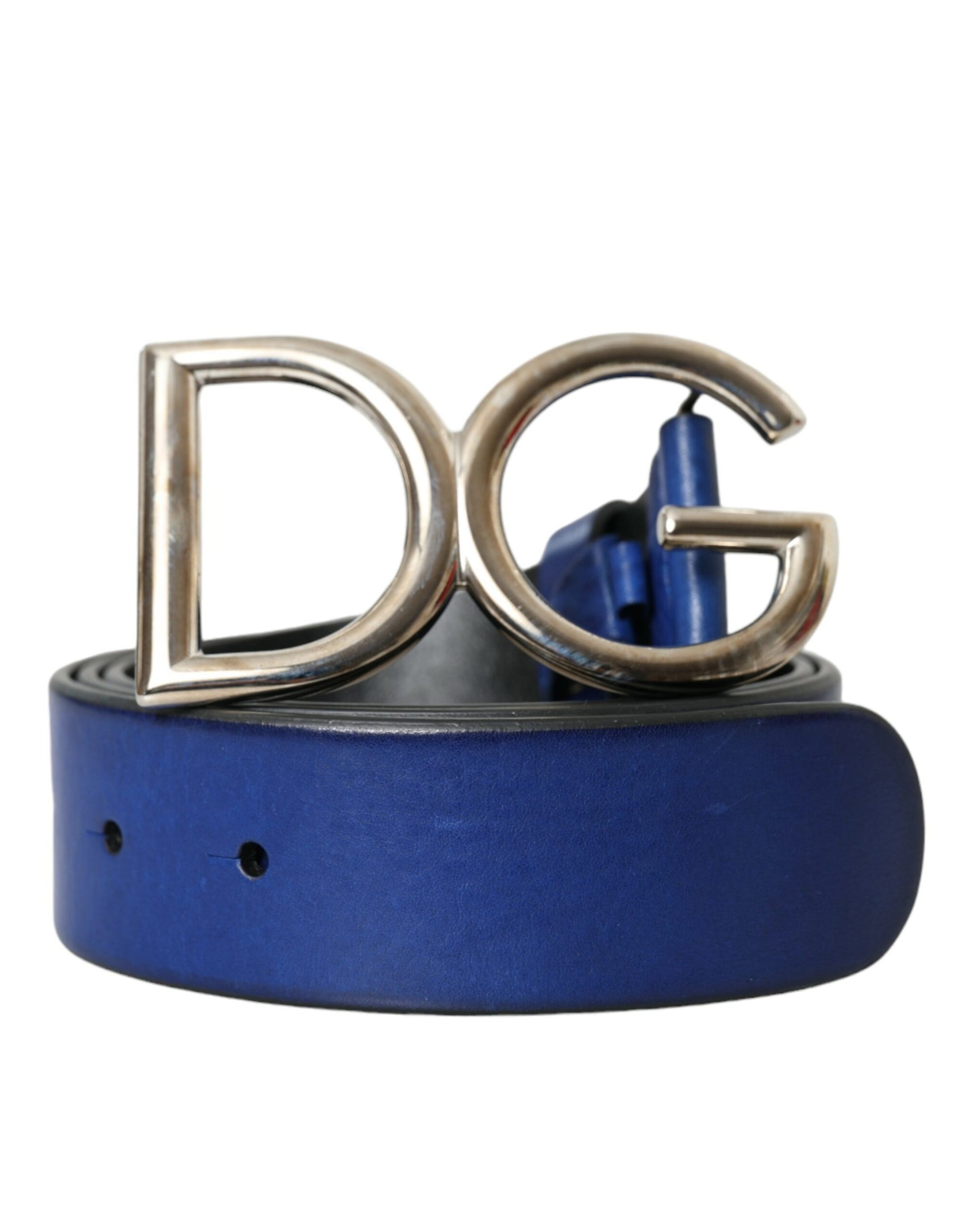 Dolce & Gabbana Blue Leather Silver Metal Logo Buckle Belt Men - KALAJ