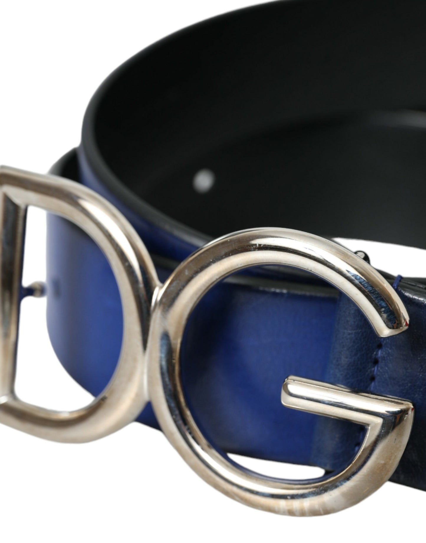 Dolce & Gabbana Blue Leather Silver Metal Logo Buckle Belt Men - KALAJ