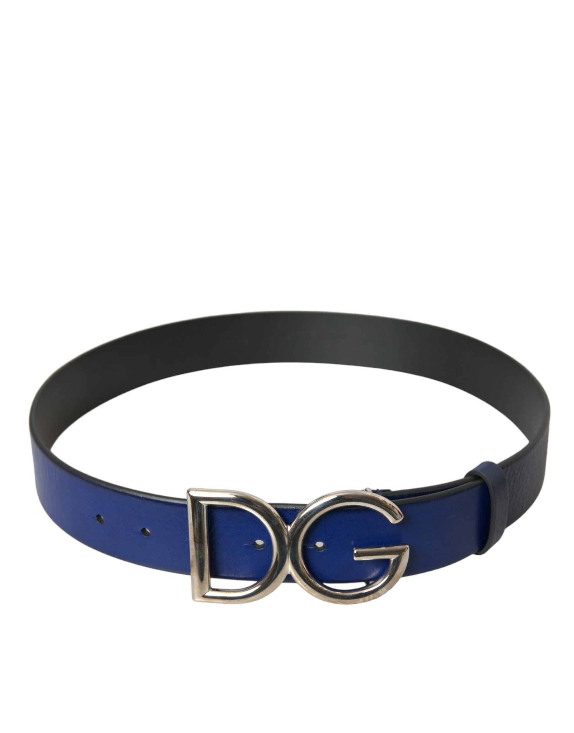 Dolce & Gabbana Blue Leather Silver Metal Logo Buckle Belt Men - KALAJ