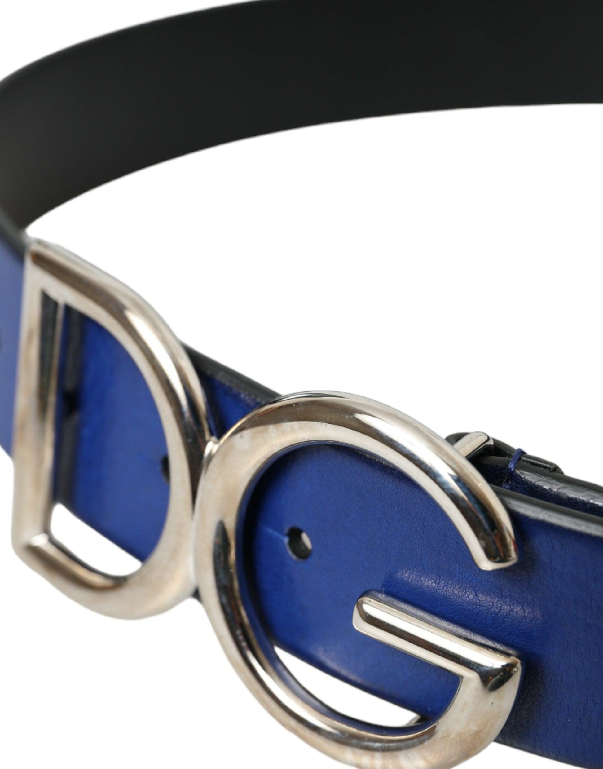 Dolce & Gabbana Blue Leather Silver Metal Logo Buckle Belt Men - KALAJ