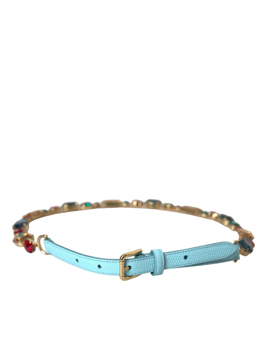 Dolce & Gabbana Light Blue Leather Crystal Chain Waist Belt - KALAJ