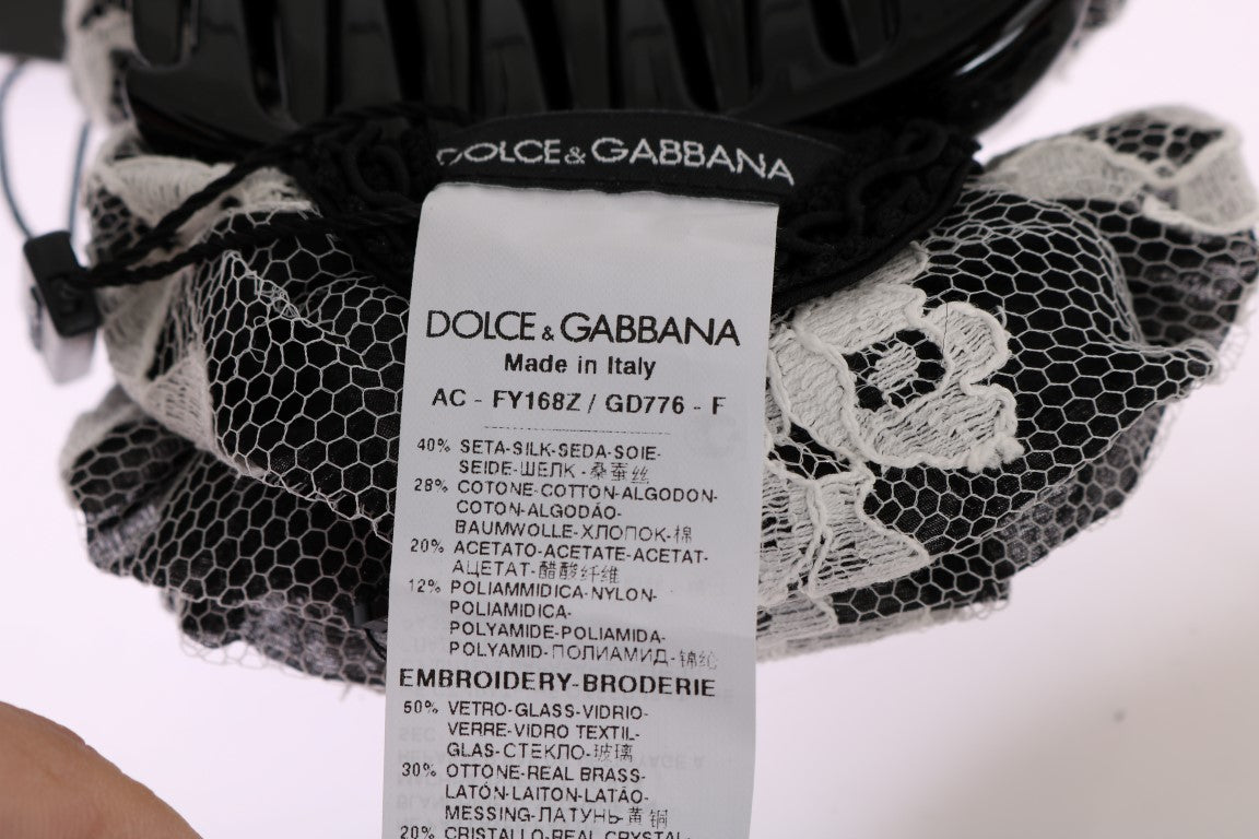 Dolce & Gabbana Elegant Black & White Floral Lace Crystal Hair Claw - KALAJ