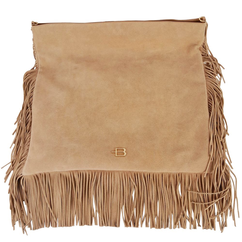 Baldinini Trend Chic Beige Suede Fringe Shoulder Bag - KALAJ