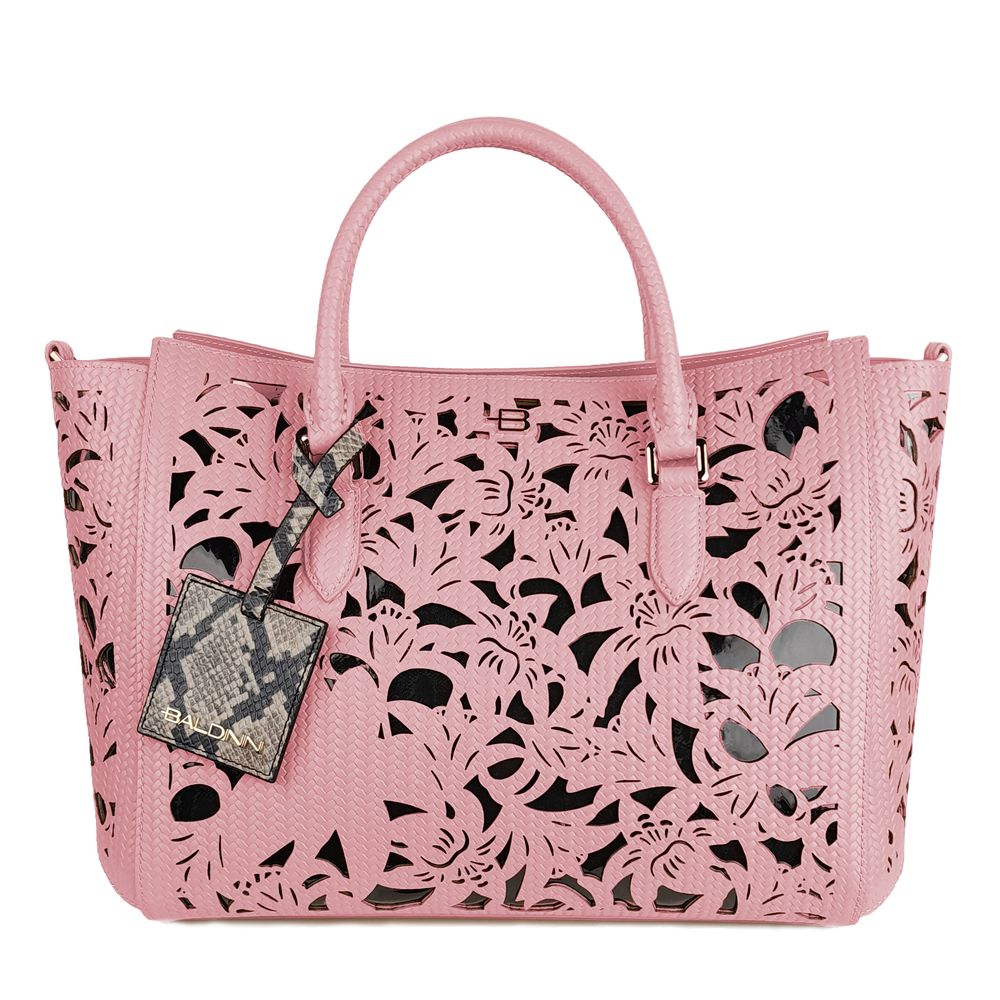 Baldinini Trend Chic Pink Calfskin Handbag with Floral Accents