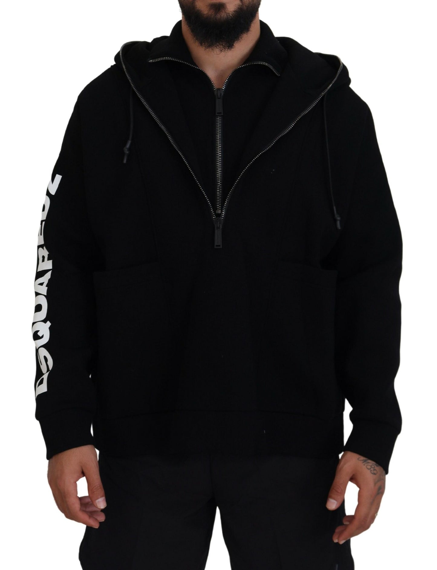 Dsquared² Black Hooded Printed Sleeves Double Zip Sweater