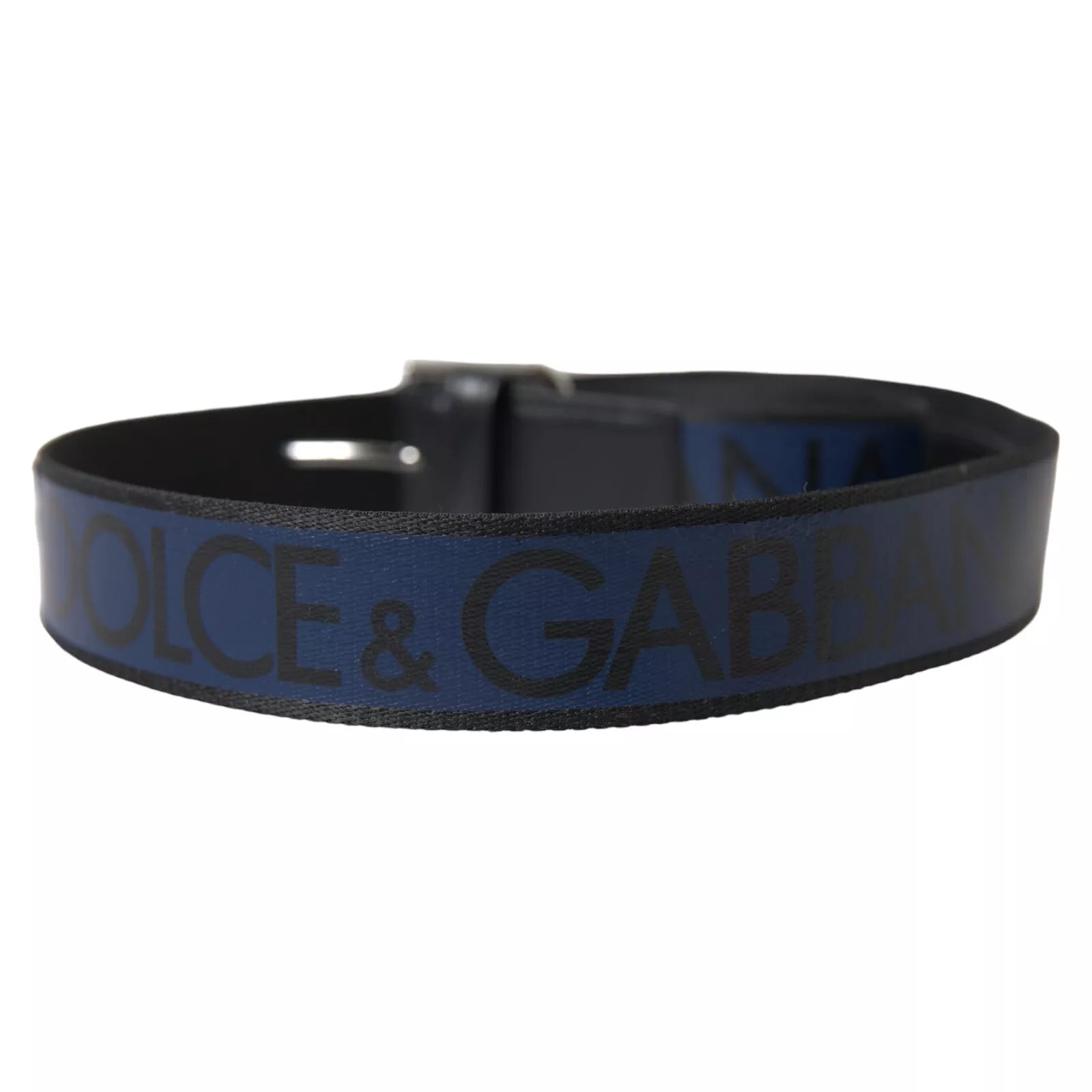 Dolce & Gabbana Black Blue Logo Silver Metal Buckle Belt - KALAJ