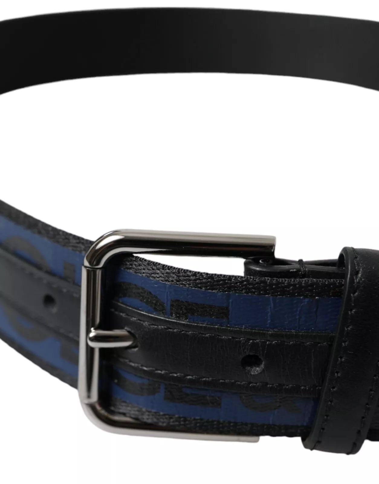 Dolce & Gabbana Black Blue Logo Silver Metal Buckle Belt - KALAJ