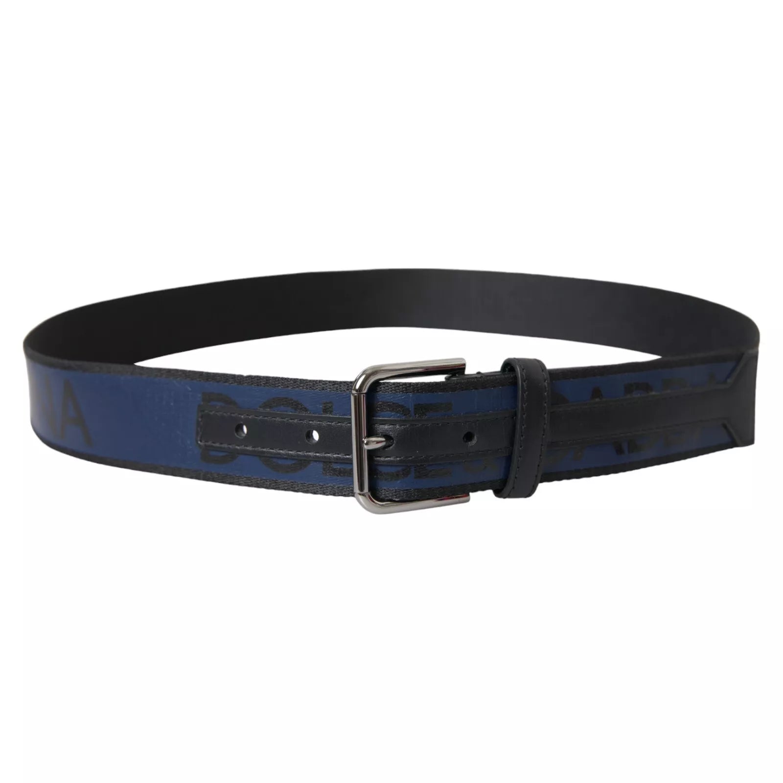 Dolce & Gabbana Black Blue Logo Silver Metal Buckle Belt - KALAJ