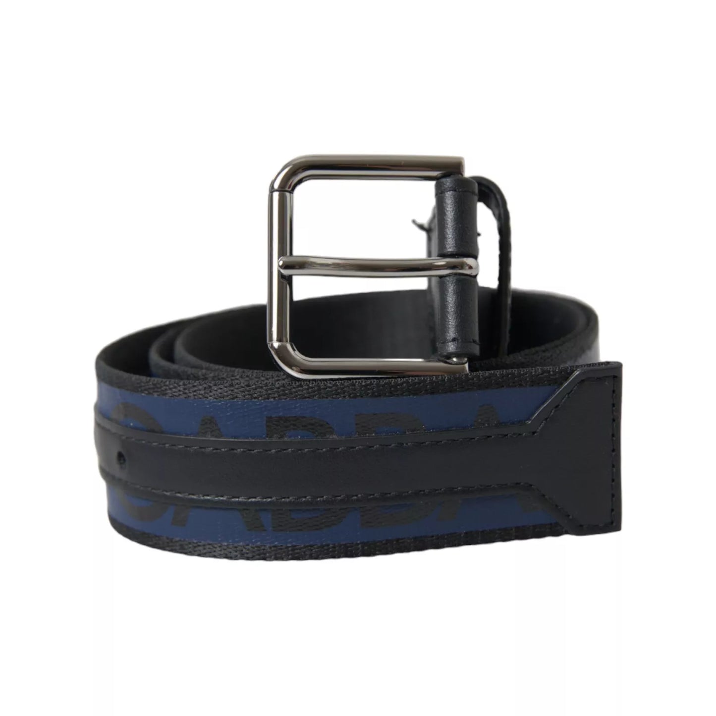 Dolce & Gabbana Black Blue Logo Silver Metal Buckle Belt - KALAJ