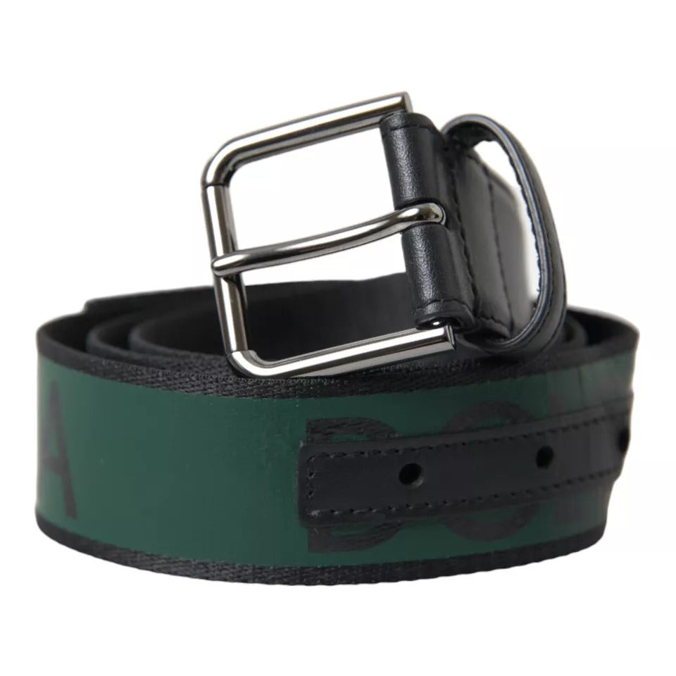 Dolce & Gabbana Black Green Leather Silver Metal Buckle Belt - KALAJ