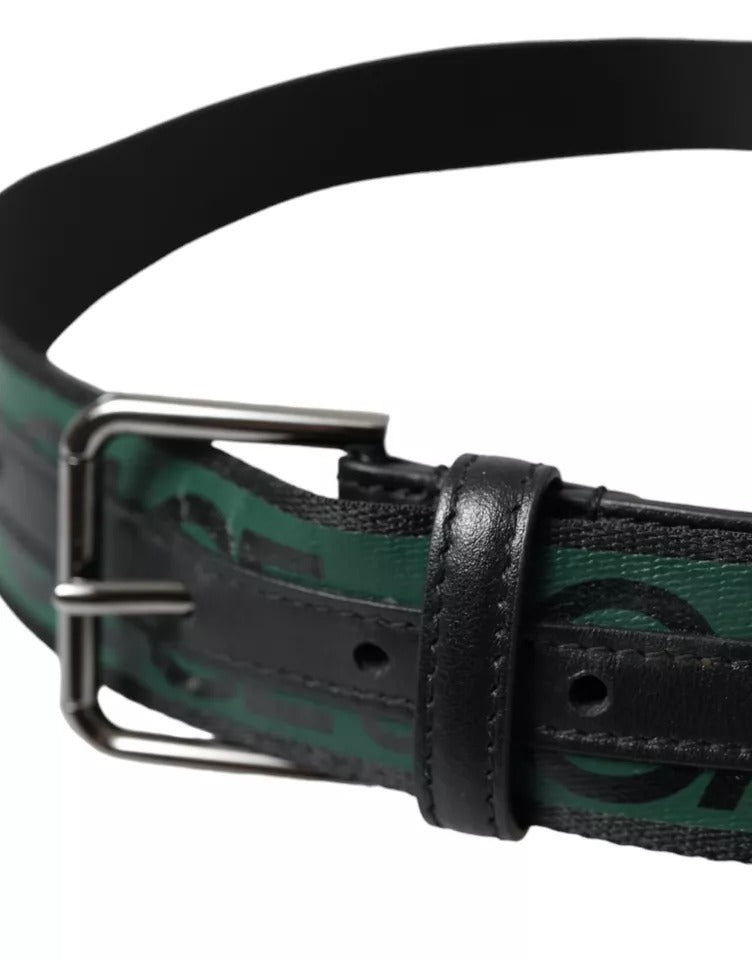 Dolce & Gabbana Black Green Leather Silver Metal Buckle Belt - KALAJ