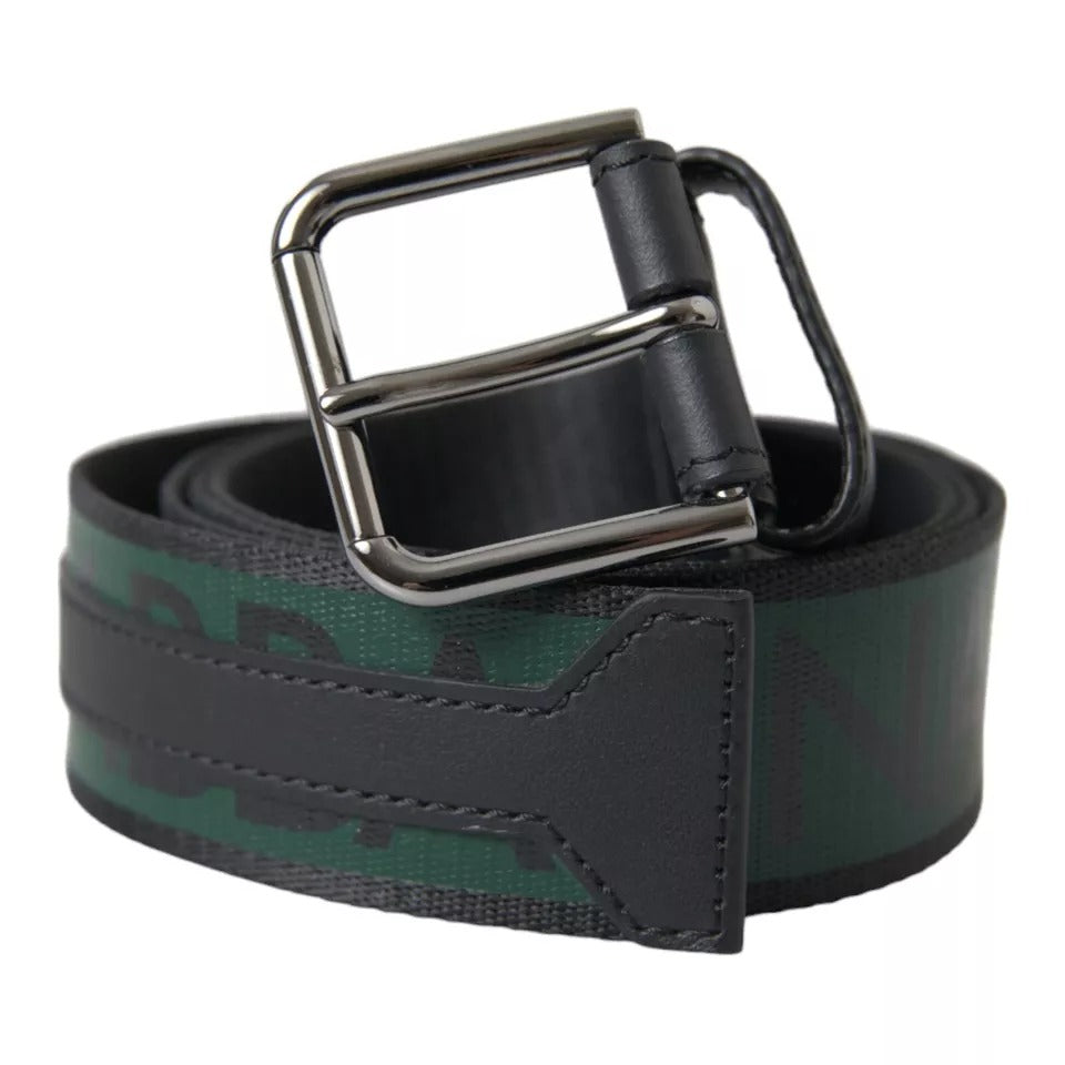 Dolce & Gabbana Black Green Logo Silver Metal Buckle Belt - KALAJ