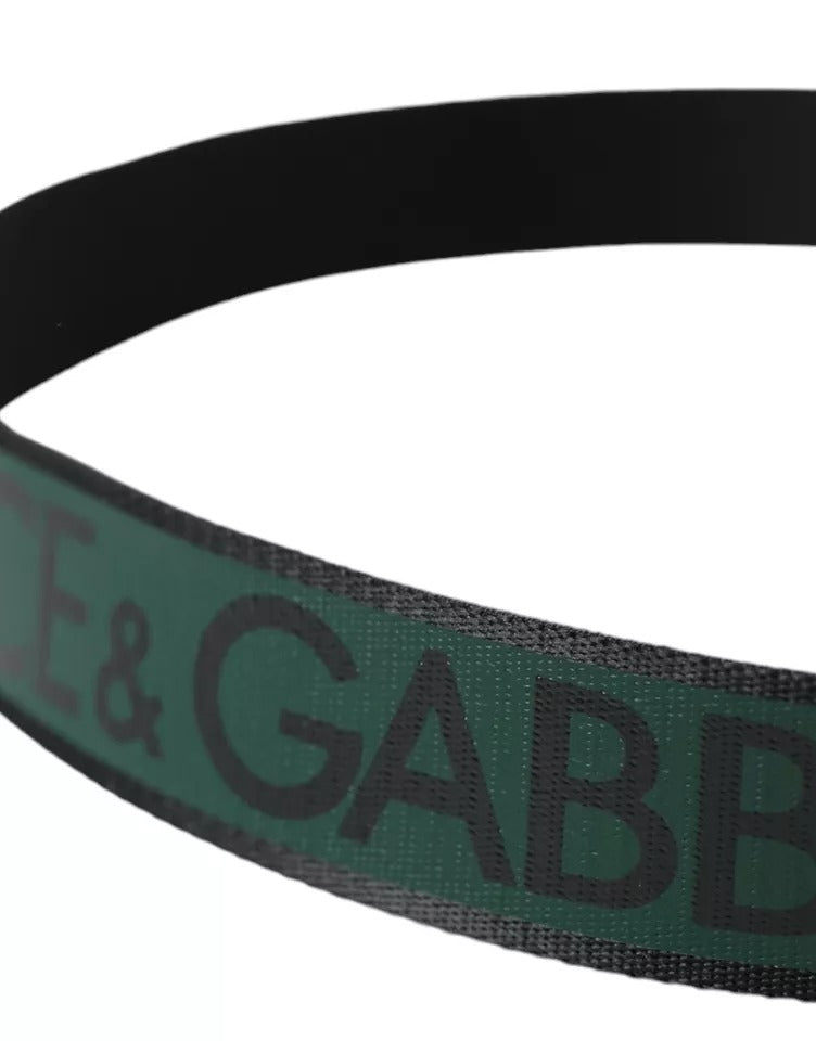 Dolce & Gabbana Black Green Logo Silver Metal Buckle Belt - KALAJ