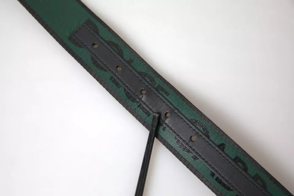 Dolce & Gabbana Black Green Logo Silver Metal Buckle Belt - KALAJ