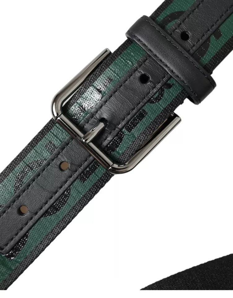 Dolce & Gabbana Black Green Logo Silver Metal Buckle Belt - KALAJ