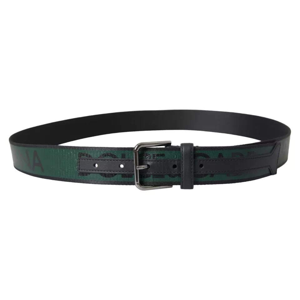 Dolce & Gabbana Black Green Logo Silver Metal Buckle Belt - KALAJ