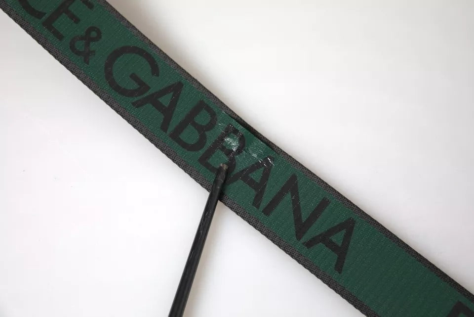 Dolce & Gabbana Black Green Logo Silver Metal Buckle Belt - KALAJ