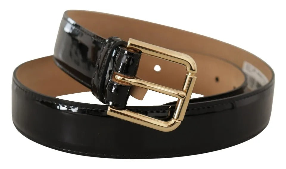 Dolce & Gabbana Black Leather Gold Metal Logo Engraved Buckle Belt - KALAJ