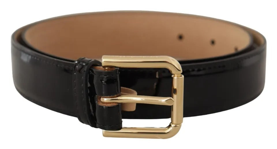 Dolce & Gabbana Black Leather Gold Metal Logo Engraved Buckle Belt - KALAJ