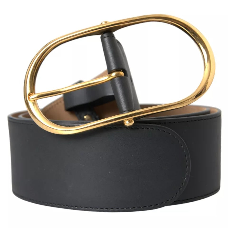 Dolce & Gabbana Black Leather Gold Oval Metal Buckle Belt - KALAJ