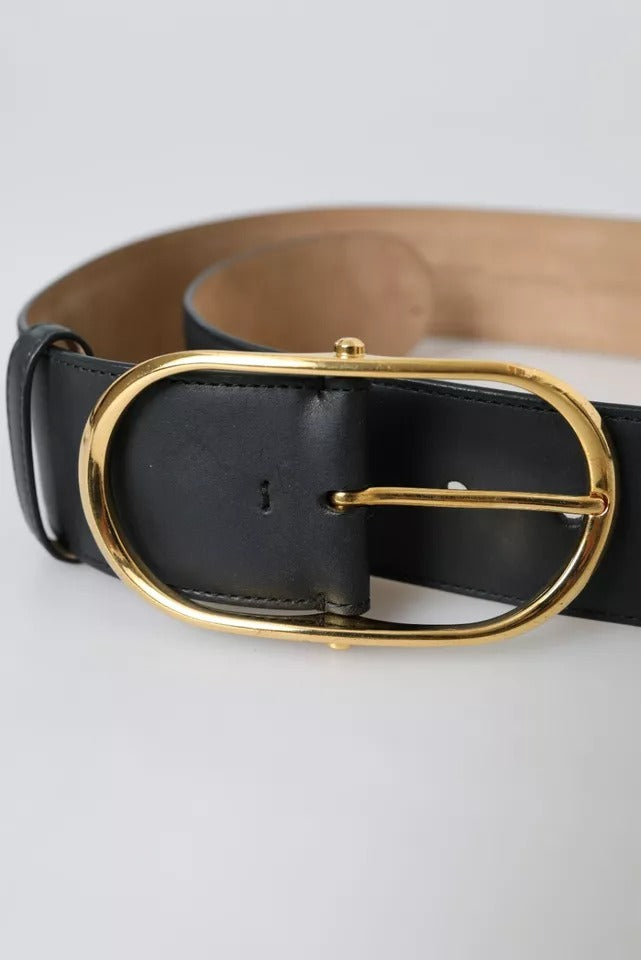 Dolce & Gabbana Black Leather Gold Oval Metal Buckle Belt - KALAJ