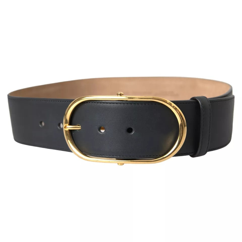 Dolce & Gabbana Black Leather Gold Oval Metal Buckle Belt - KALAJ