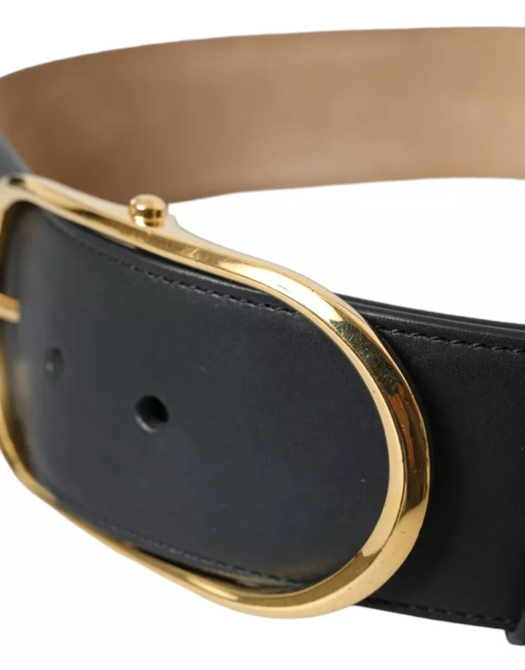 Dolce & Gabbana Black Leather Gold Oval Metal Buckle Belt - KALAJ