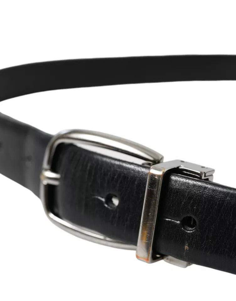 Dolce & Gabbana Black Leather Silver Metal Buckle Men Belt - KALAJ