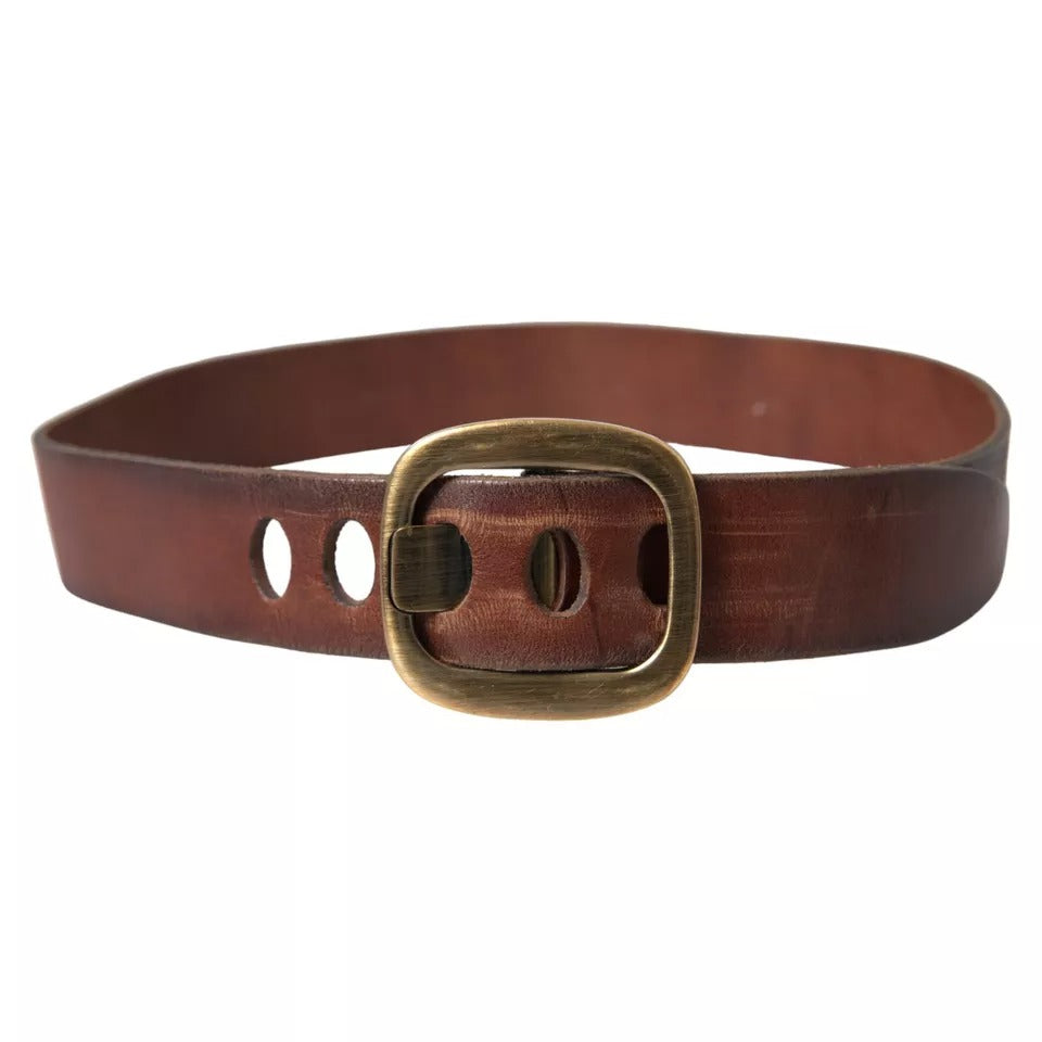 Dolce & Gabbana Brown Leather Gold Metal Buckle Women Belt - KALAJ