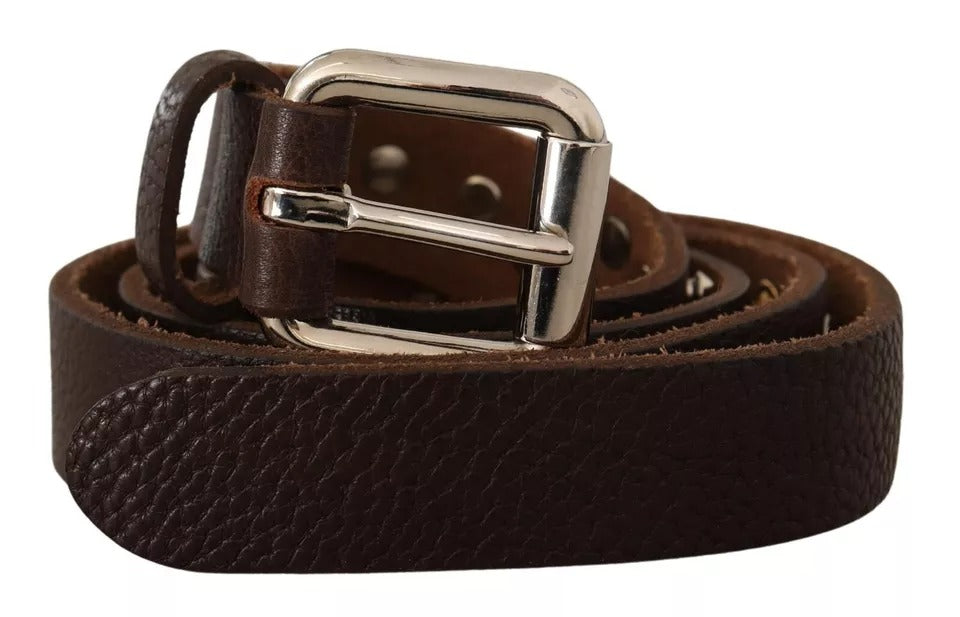 Dolce & Gabbana Brown Leather Studded Silver Metal Buckle Belt - KALAJ