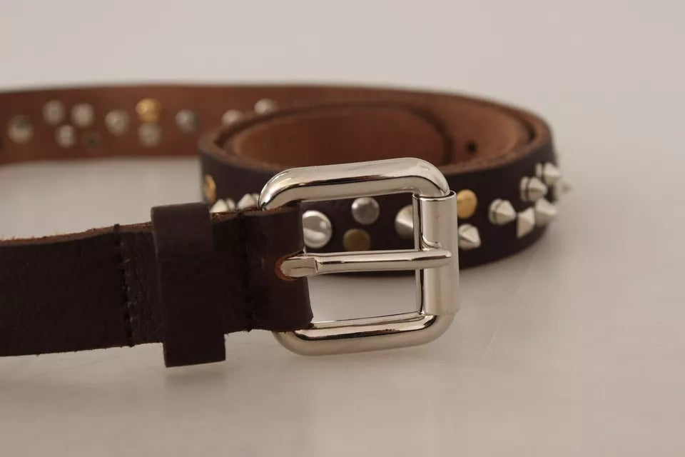 Dolce & Gabbana Brown Leather Studded Silver Metal Buckle Belt - KALAJ