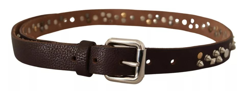 Dolce & Gabbana Brown Leather Studded Silver Metal Buckle Belt - KALAJ