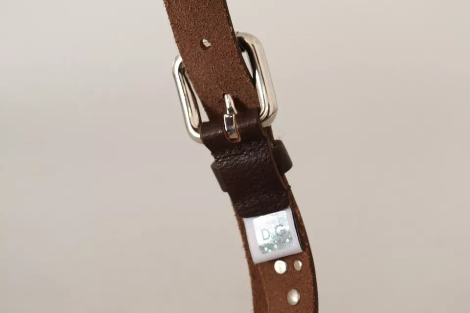 Dolce & Gabbana Brown Leather Studded Silver Metal Buckle Belt - KALAJ