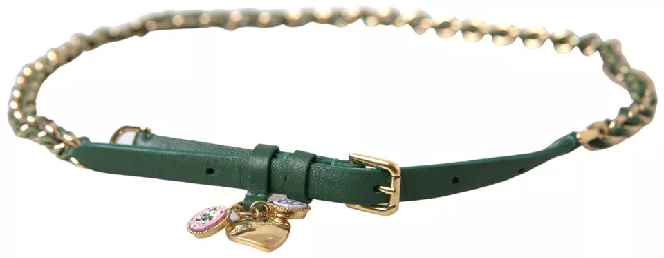 Dolce & Gabbana Green Embellished Chain Gold Buckle Belt - KALAJ