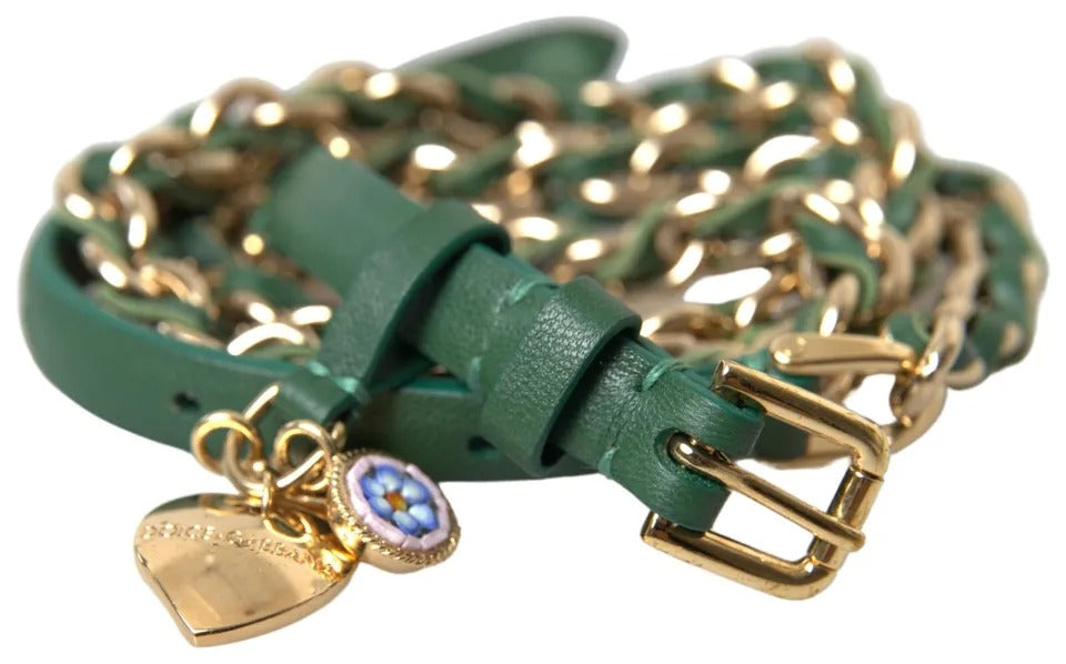 Dolce & Gabbana Green Embellished Chain Gold Buckle Belt - KALAJ