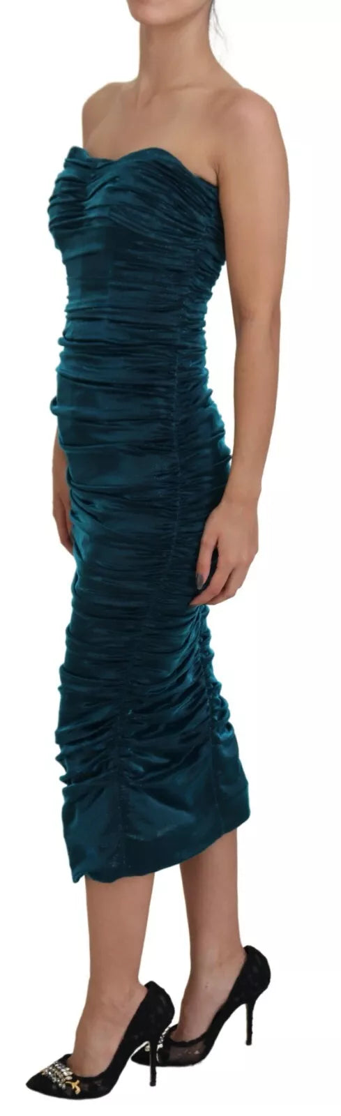 Dolce & Gabbana Silk Blend Blue Satin Fitted Strapless Dress