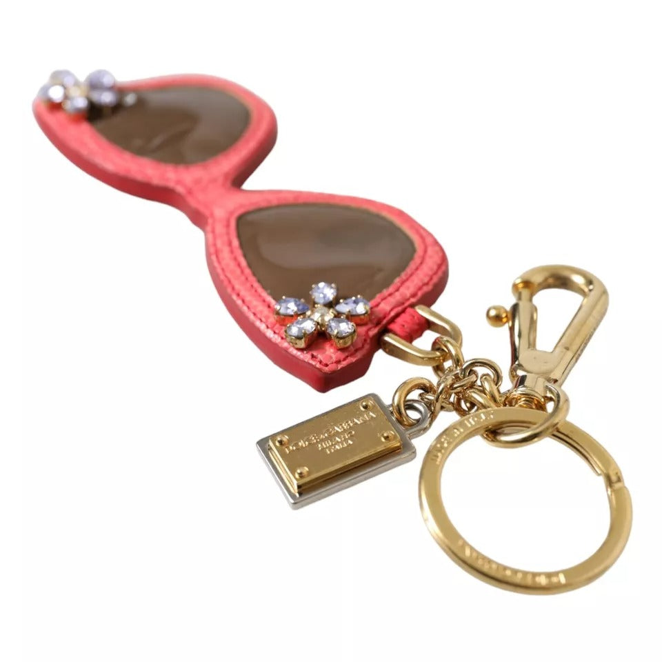 Dolce & Gabbana Red Leather Crystal Sunglasses Gold Metal Keyring Keychain - KALAJ