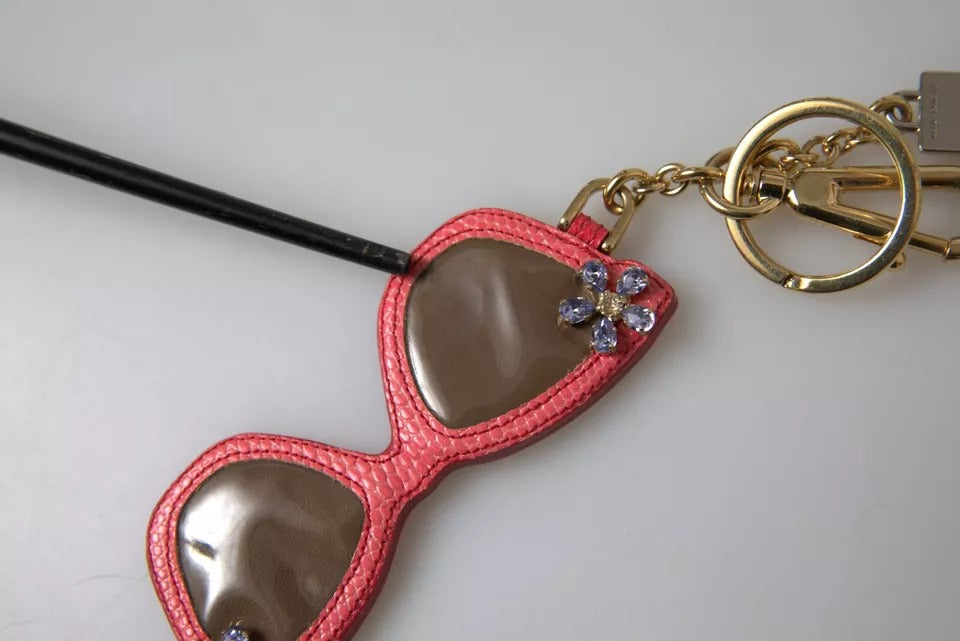 Dolce & Gabbana Red Leather Crystal Sunglasses Gold Metal Keyring Keychain - KALAJ