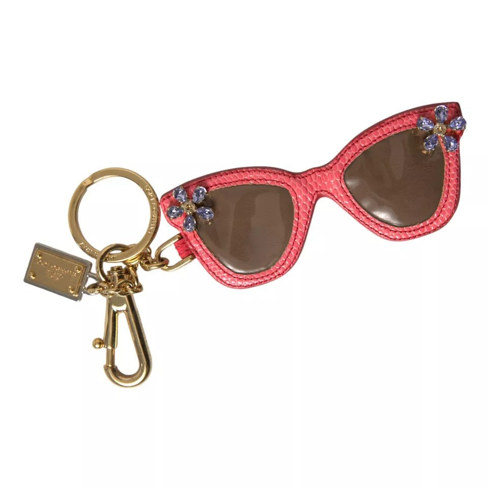 Dolce & Gabbana Red Leather Crystal Sunglasses Gold Metal Keyring Keychain - KALAJ