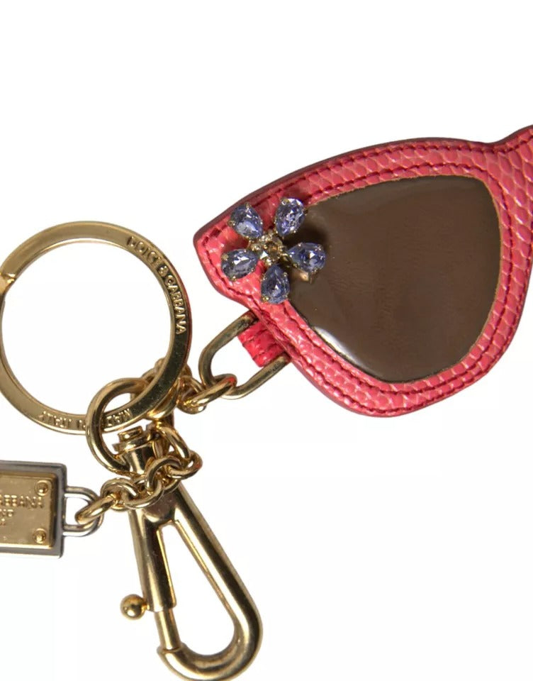 Dolce & Gabbana Red Leather Crystal Sunglasses Gold Metal Keyring Keychain - KALAJ