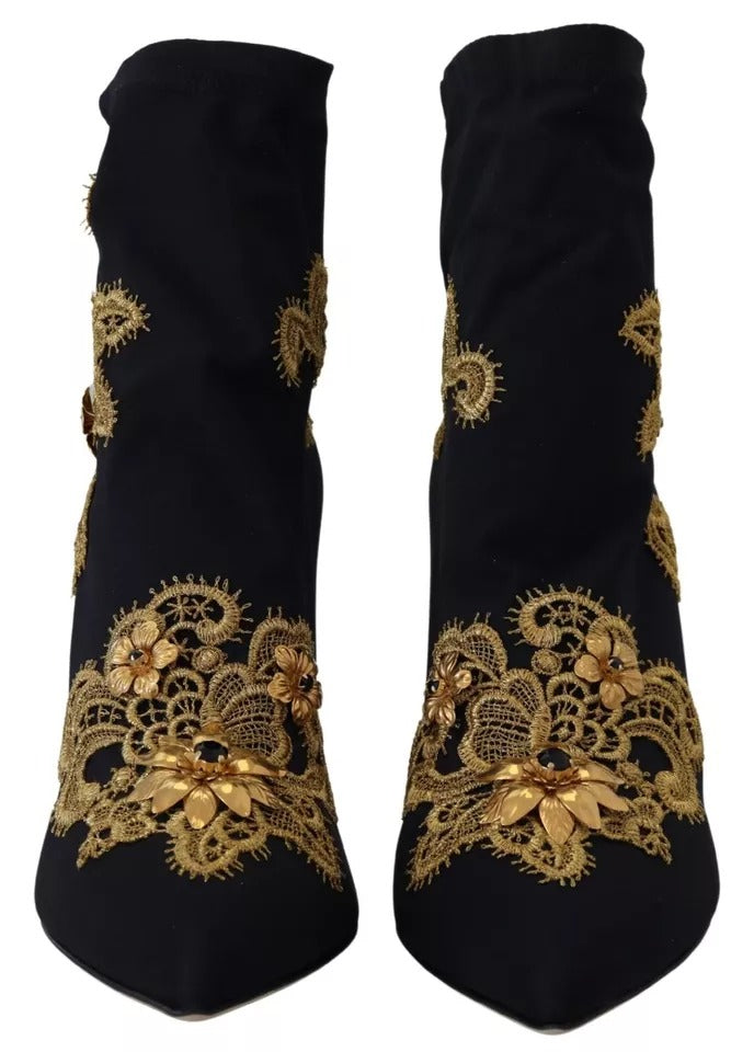 Dolce & Gabbana Black Gold Embroidery Slip On Boots Shoes