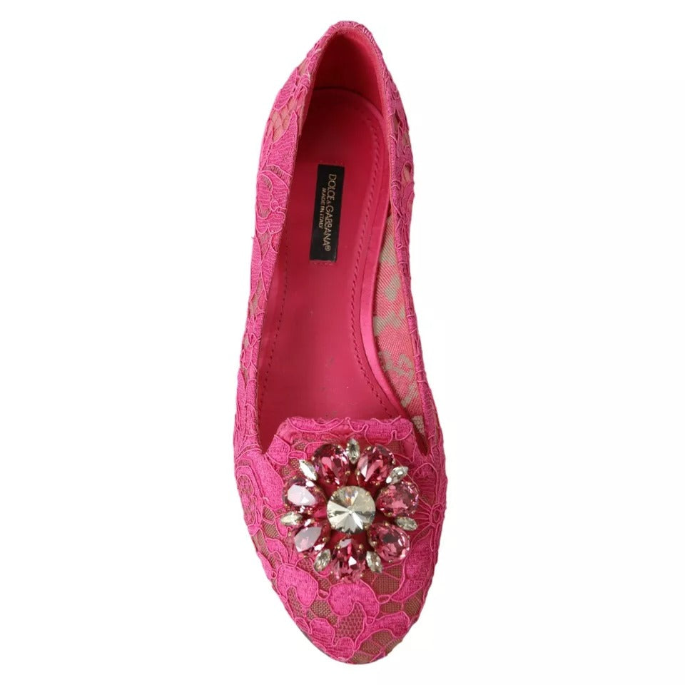 Dolce & Gabbana Pink Lace Crystal Ballet Loafers Shoes